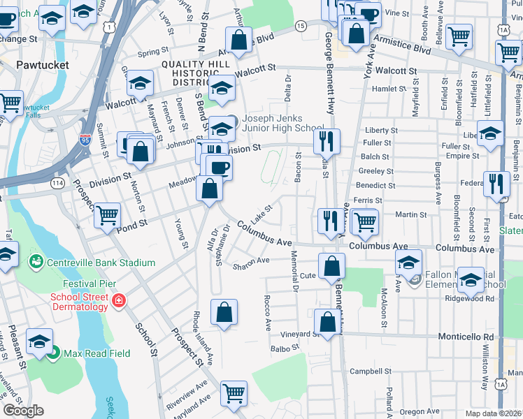 map of restaurants, bars, coffee shops, grocery stores, and more near 62 Lake Street in Pawtucket