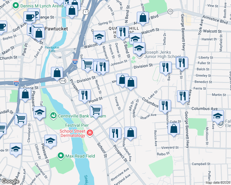 map of restaurants, bars, coffee shops, grocery stores, and more near 26 Young Street in Pawtucket