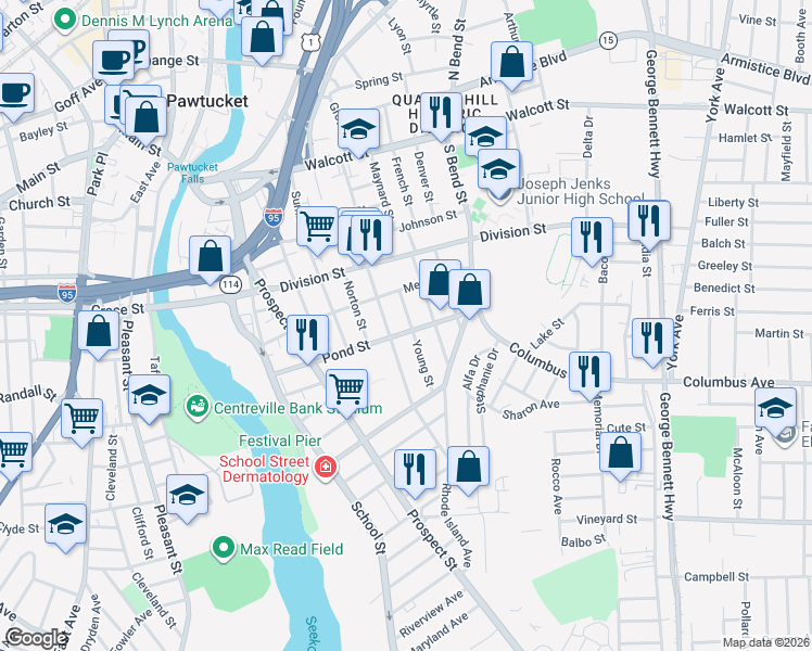 map of restaurants, bars, coffee shops, grocery stores, and more near 26 Young Street in Pawtucket