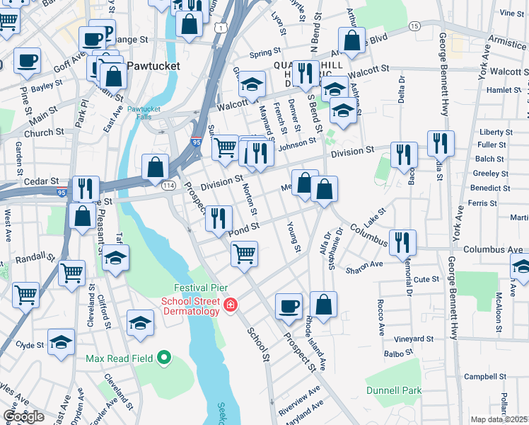 map of restaurants, bars, coffee shops, grocery stores, and more near 51 Brewster Street in Pawtucket