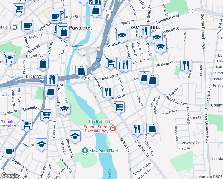 map of restaurants, bars, coffee shops, grocery stores, and more near 84 Meadow Street in Pawtucket