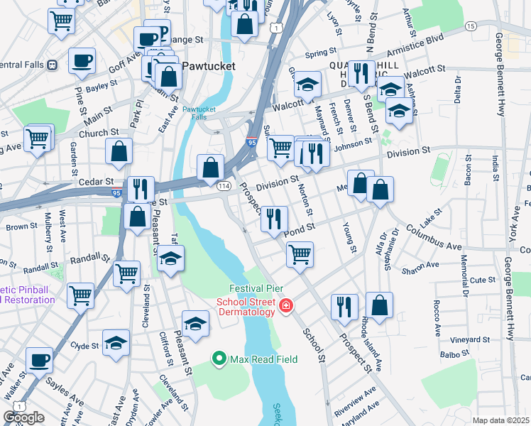map of restaurants, bars, coffee shops, grocery stores, and more near 41 South Street in Pawtucket