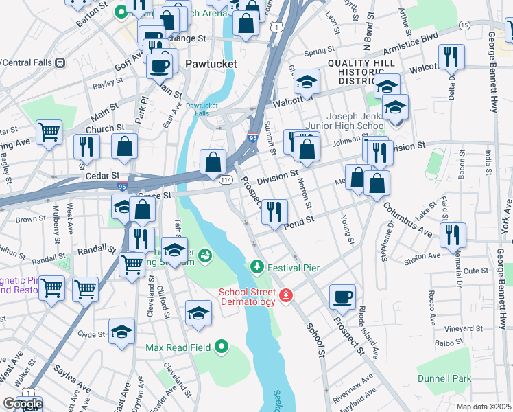 map of restaurants, bars, coffee shops, grocery stores, and more near 41 South Street in Pawtucket