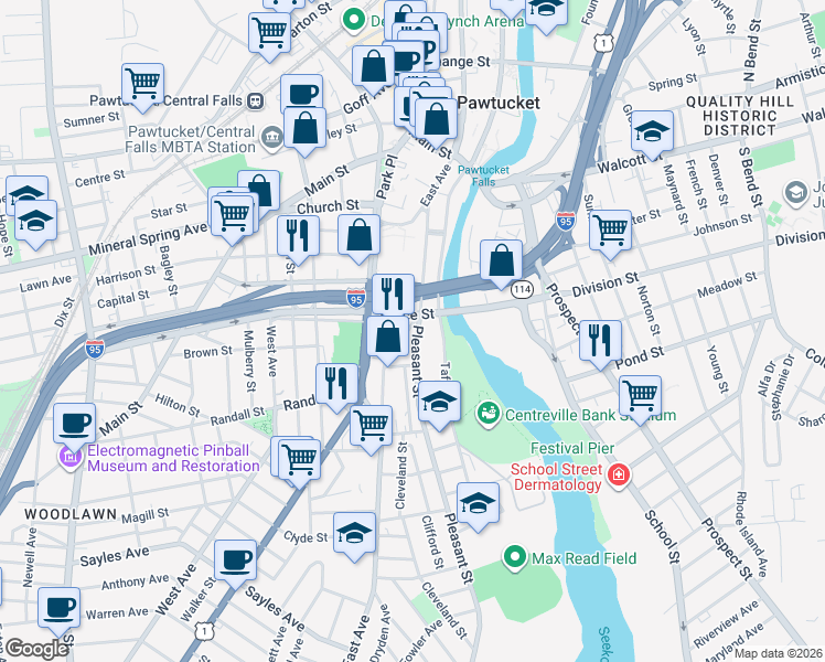 map of restaurants, bars, coffee shops, grocery stores, and more near 224 East Avenue in Pawtucket