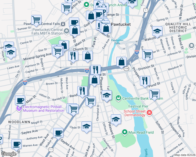 map of restaurants, bars, coffee shops, grocery stores, and more near 224 East Avenue in Pawtucket