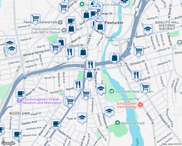 map of restaurants, bars, coffee shops, grocery stores, and more near 224 East Avenue in Pawtucket