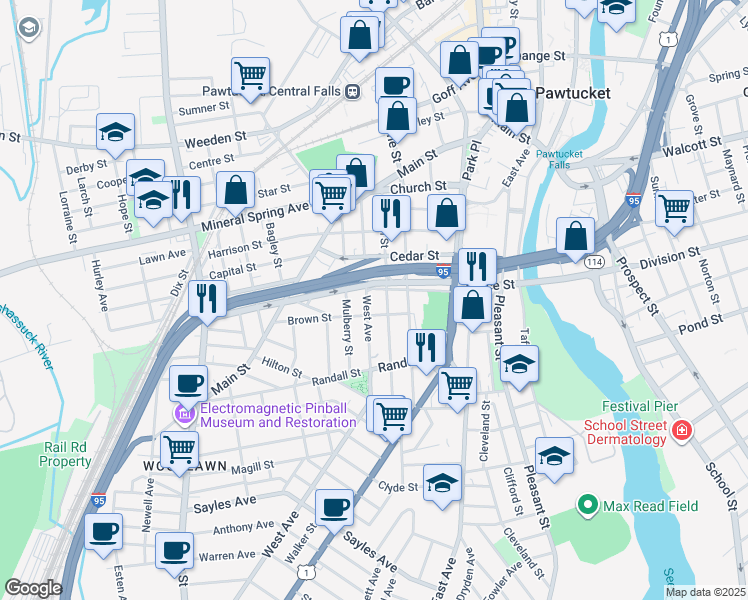 map of restaurants, bars, coffee shops, grocery stores, and more near 80 Grace Street in Pawtucket