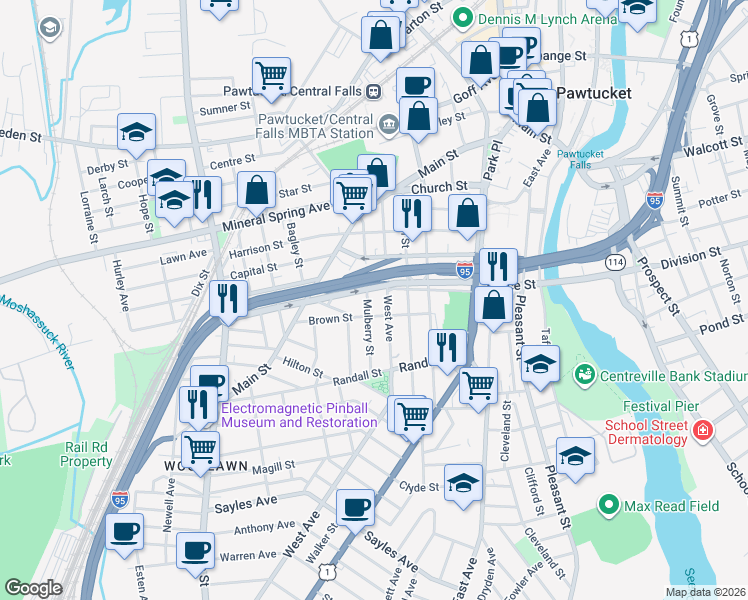 map of restaurants, bars, coffee shops, grocery stores, and more near 101 Mulberry Street in Pawtucket