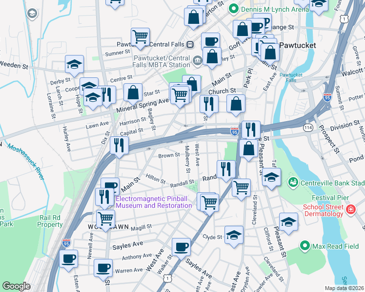 map of restaurants, bars, coffee shops, grocery stores, and more near 101 Mulberry Street in Pawtucket