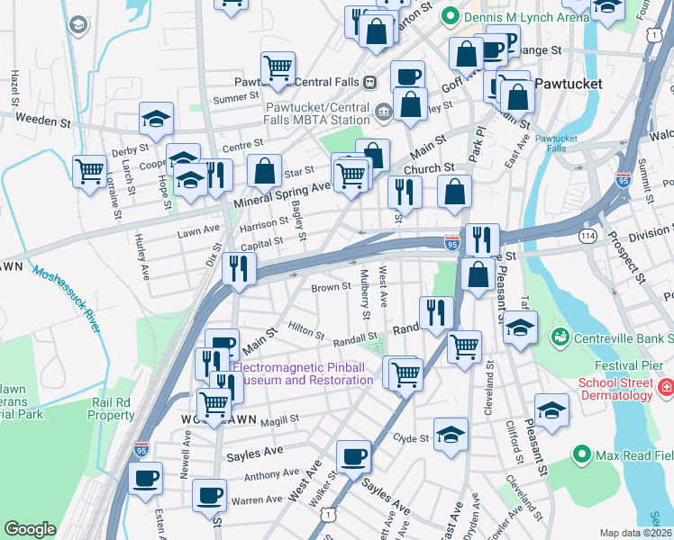map of restaurants, bars, coffee shops, grocery stores, and more near 21 Pearl Street in Pawtucket