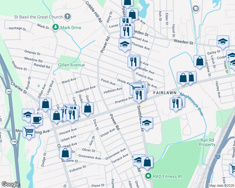 map of restaurants, bars, coffee shops, grocery stores, and more near 78 Hobson Avenue in Pawtucket