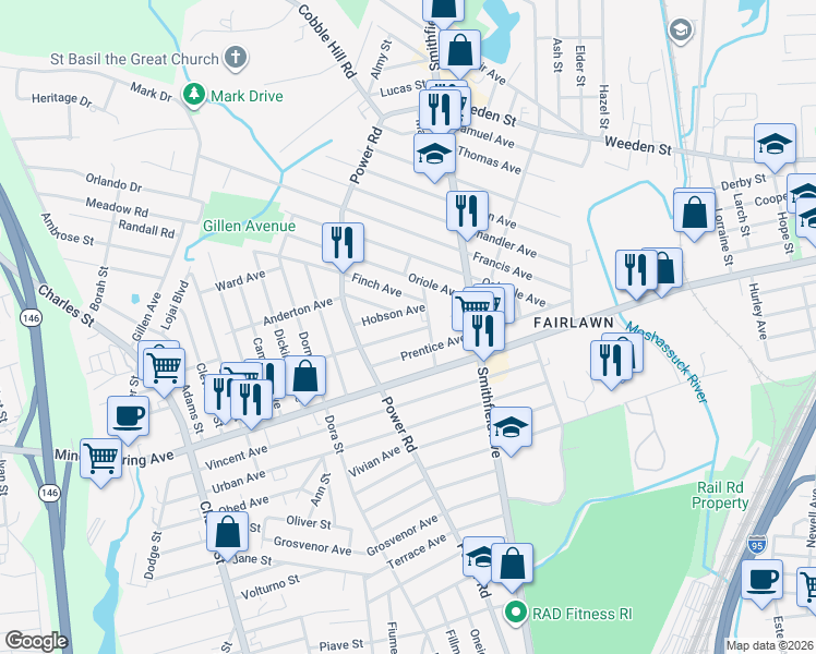 map of restaurants, bars, coffee shops, grocery stores, and more near 78 Hobson Avenue in Pawtucket
