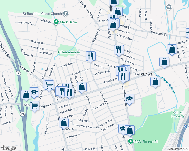 map of restaurants, bars, coffee shops, grocery stores, and more near 129 Hobson Avenue in Pawtucket