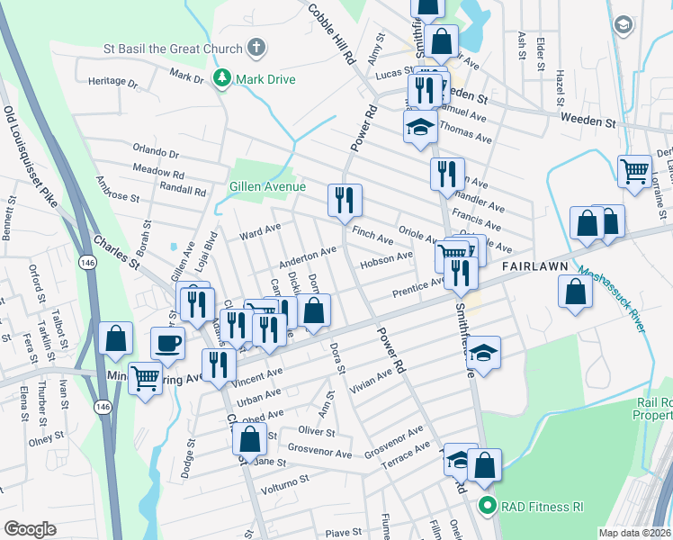 map of restaurants, bars, coffee shops, grocery stores, and more near 400 Power Road in Pawtucket