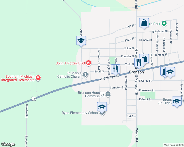 map of restaurants, bars, coffee shops, grocery stores, and more near 197 Division Street in Bronson