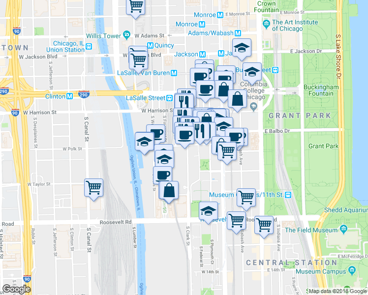 map of restaurants, bars, coffee shops, grocery stores, and more near 124 West Polk Street in Chicago