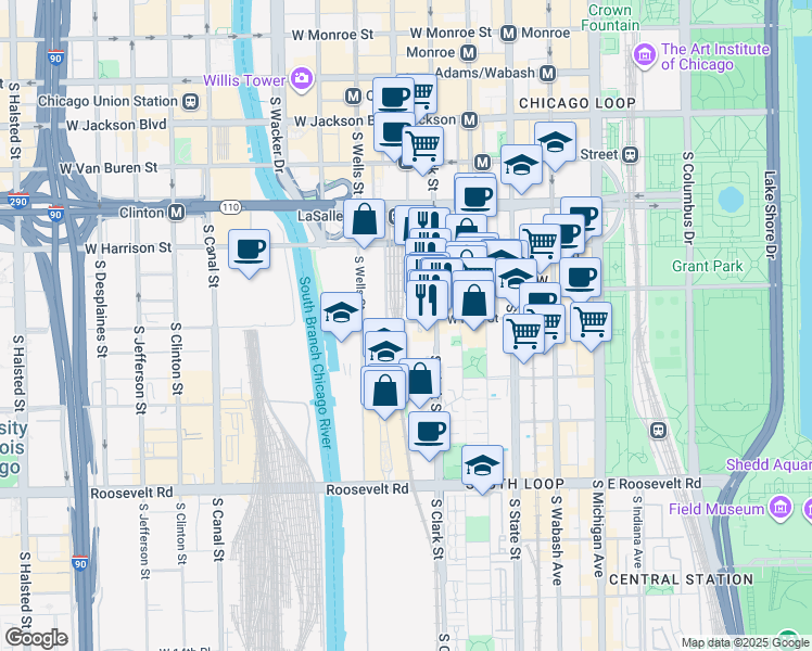 map of restaurants, bars, coffee shops, grocery stores, and more near 124 West Polk Street in Chicago