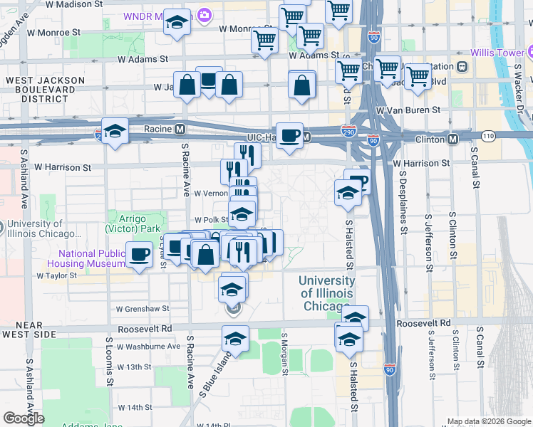 map of restaurants, bars, coffee shops, grocery stores, and more near in Chicago