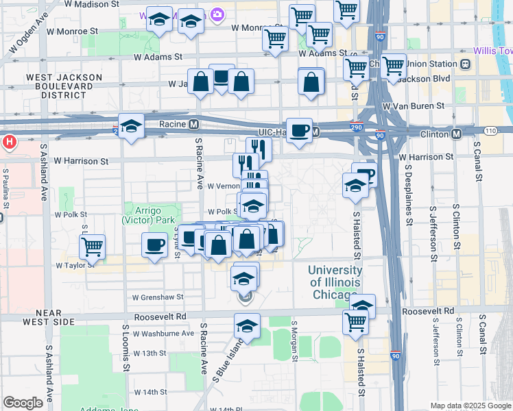 map of restaurants, bars, coffee shops, grocery stores, and more near 717 South Aberdeen Street in Chicago