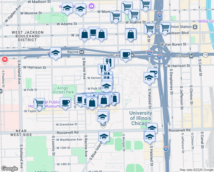 map of restaurants, bars, coffee shops, grocery stores, and more near 717 South Aberdeen Street in Chicago