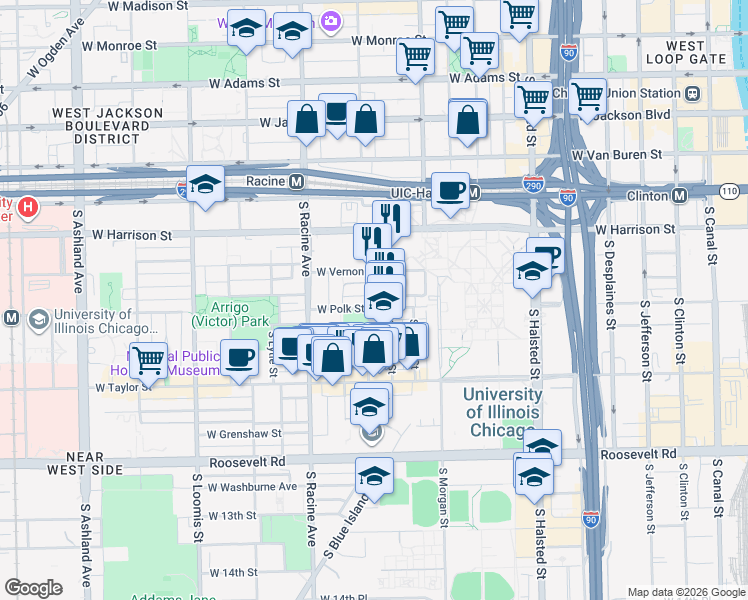 map of restaurants, bars, coffee shops, grocery stores, and more near 717 South Aberdeen Street in Chicago
