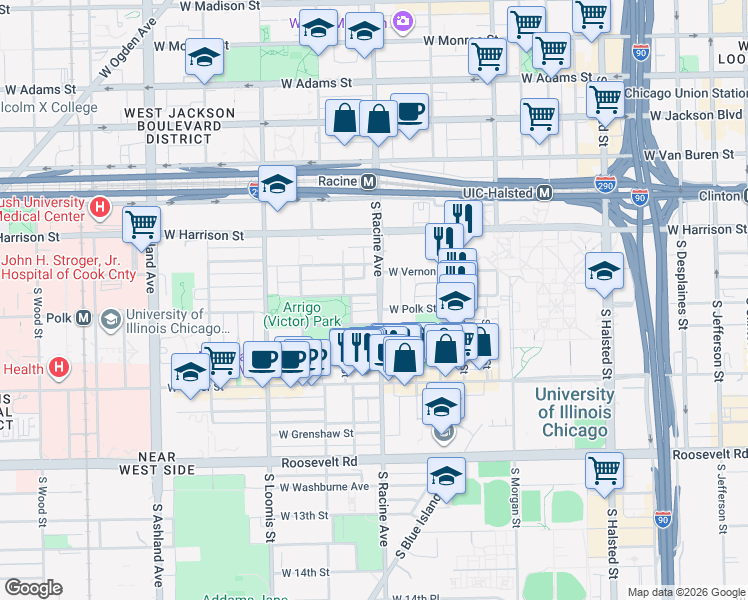 map of restaurants, bars, coffee shops, grocery stores, and more near 722 South Racine Avenue in Chicago