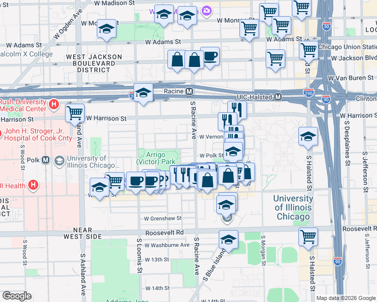 map of restaurants, bars, coffee shops, grocery stores, and more near 722 South Racine Avenue in Chicago