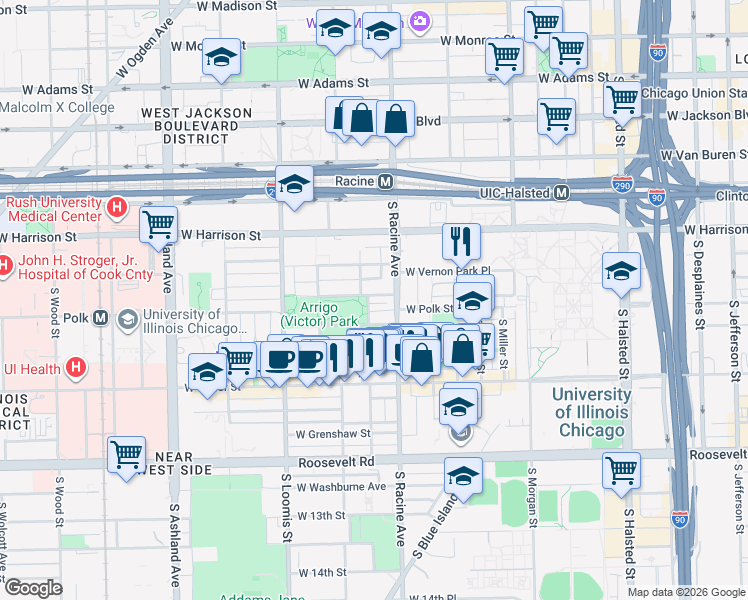 map of restaurants, bars, coffee shops, grocery stores, and more near 1246 West Lexington Street in Chicago