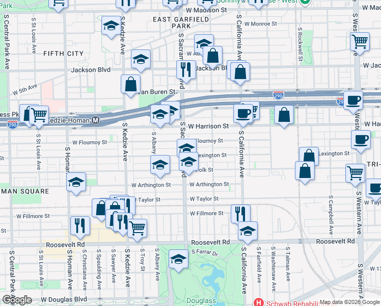 map of restaurants, bars, coffee shops, grocery stores, and more near 709 South Sacramento Boulevard in Chicago