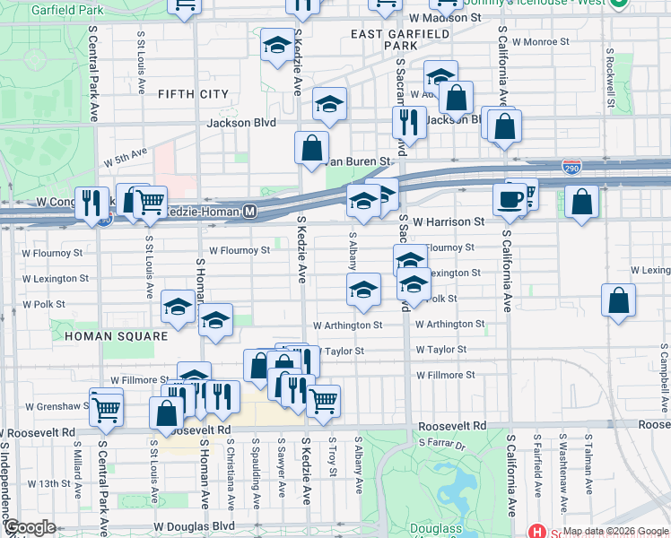 map of restaurants, bars, coffee shops, grocery stores, and more near 3141 West Flournoy Street in Chicago