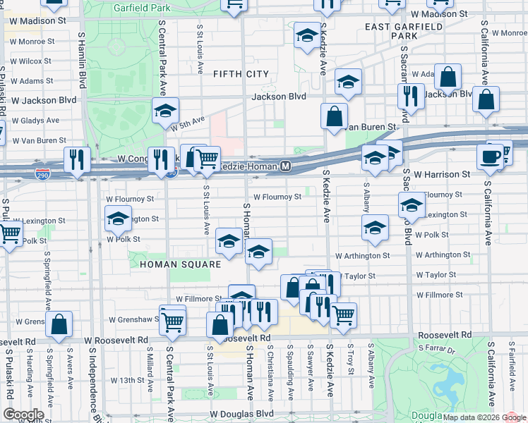 map of restaurants, bars, coffee shops, grocery stores, and more near 3329 West Flournoy Street in Chicago