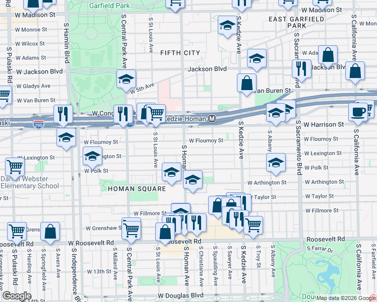 map of restaurants, bars, coffee shops, grocery stores, and more near 3405 West Flournoy Street in Chicago