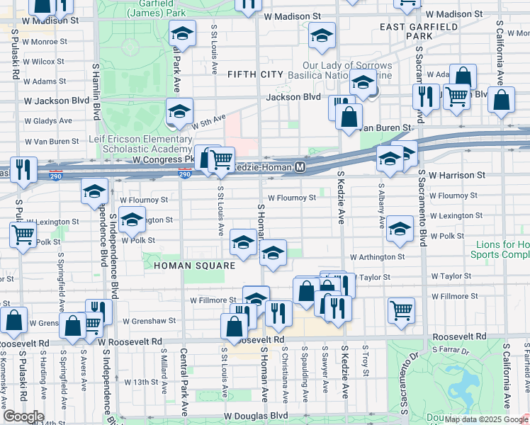 map of restaurants, bars, coffee shops, grocery stores, and more near 3405 West Flournoy Street in Chicago