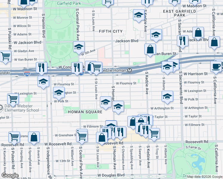 map of restaurants, bars, coffee shops, grocery stores, and more near 3405 West Flournoy Street in Chicago