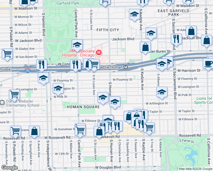 map of restaurants, bars, coffee shops, grocery stores, and more near 3405 West Flournoy Street in Chicago