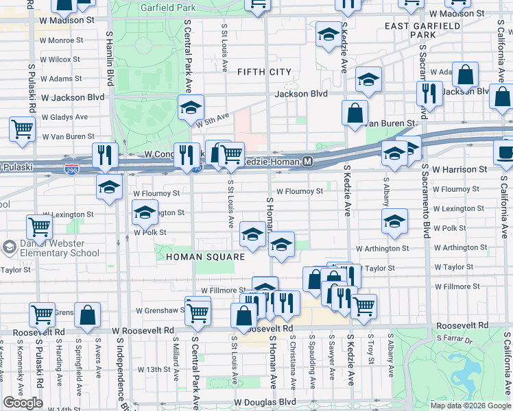 map of restaurants, bars, coffee shops, grocery stores, and more near 3405 West Flournoy Street in Chicago