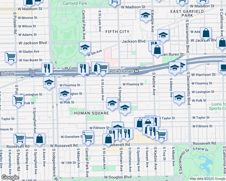 map of restaurants, bars, coffee shops, grocery stores, and more near 3405 West Flournoy Street in Chicago