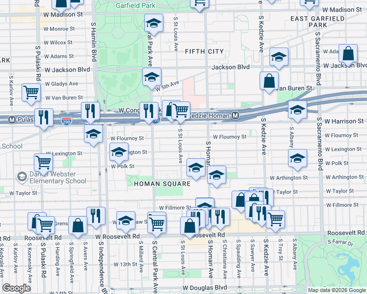 map of restaurants, bars, coffee shops, grocery stores, and more near 3441 West Flournoy Street in Chicago