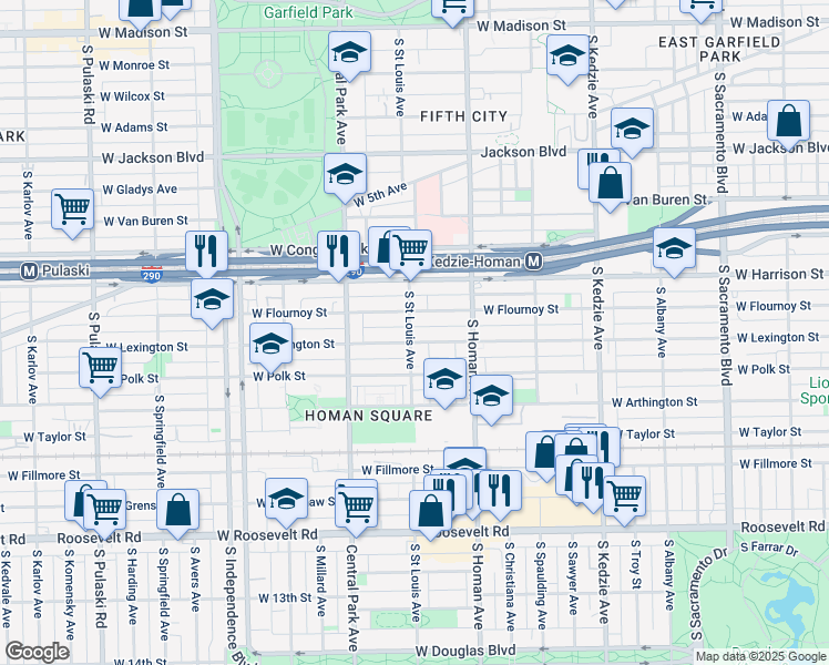 map of restaurants, bars, coffee shops, grocery stores, and more near 3441 West Flournoy Street in Chicago