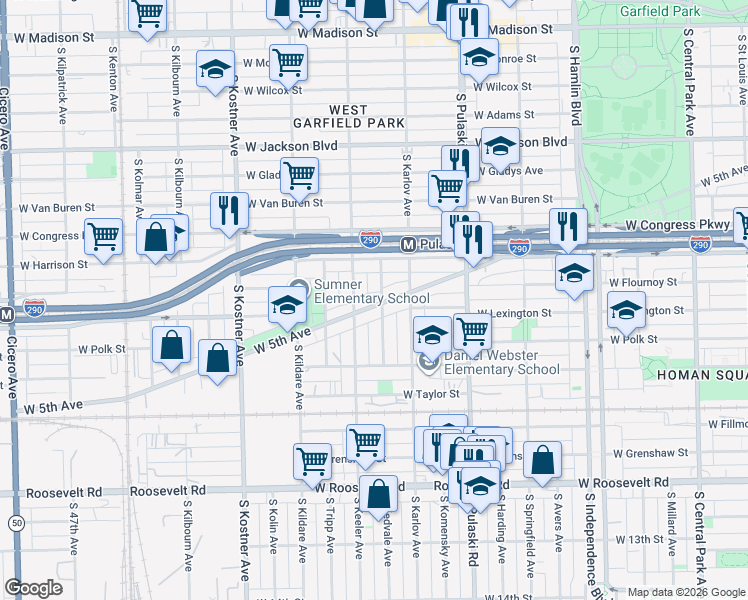 map of restaurants, bars, coffee shops, grocery stores, and more near 628 South Kedvale Avenue in Chicago
