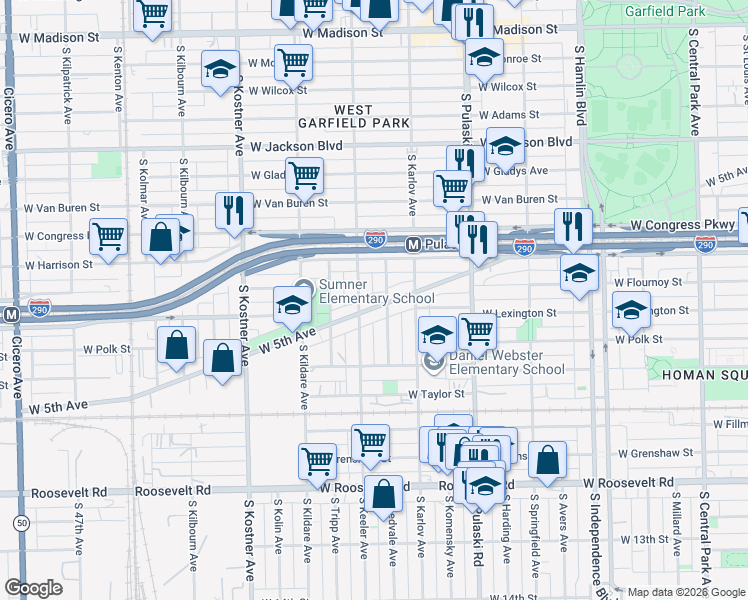 map of restaurants, bars, coffee shops, grocery stores, and more near 628 South Kedvale Avenue in Chicago