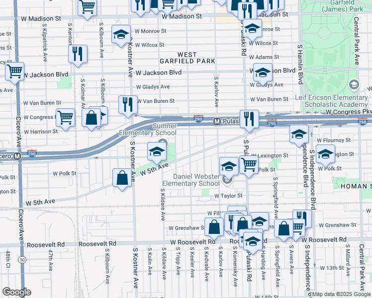 map of restaurants, bars, coffee shops, grocery stores, and more near 626 South Keeler Avenue in Chicago