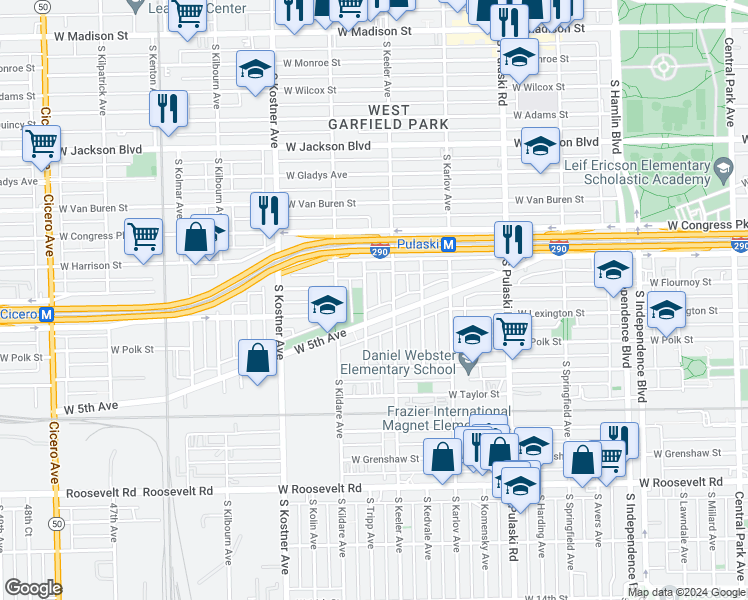 map of restaurants, bars, coffee shops, grocery stores, and more near 626 South Keeler Avenue in Chicago