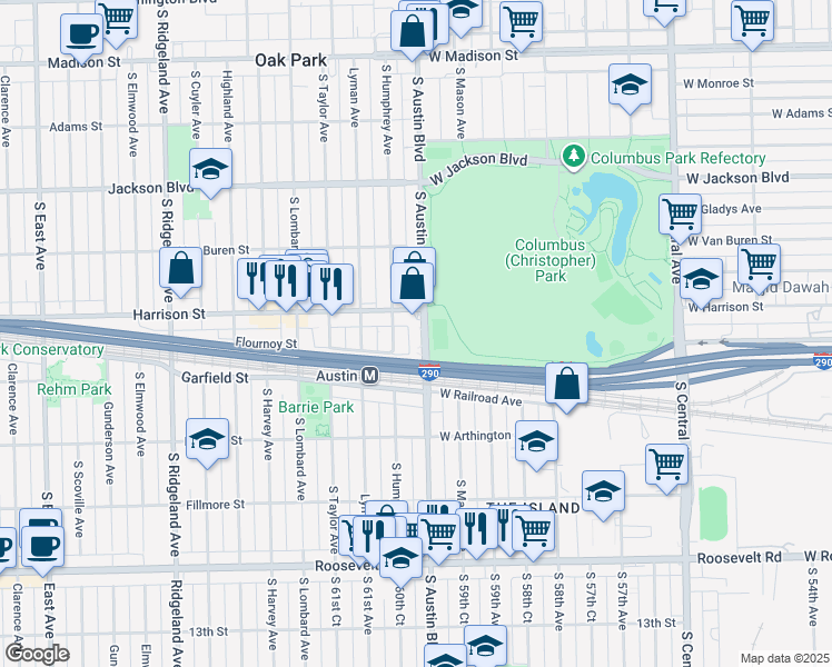 map of restaurants, bars, coffee shops, grocery stores, and more near 1 Harrison Street in Oak Park