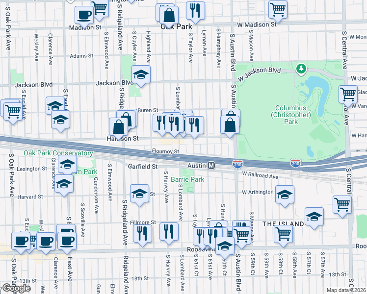 map of restaurants, bars, coffee shops, grocery stores, and more near 139 Harrison Street in Oak Park