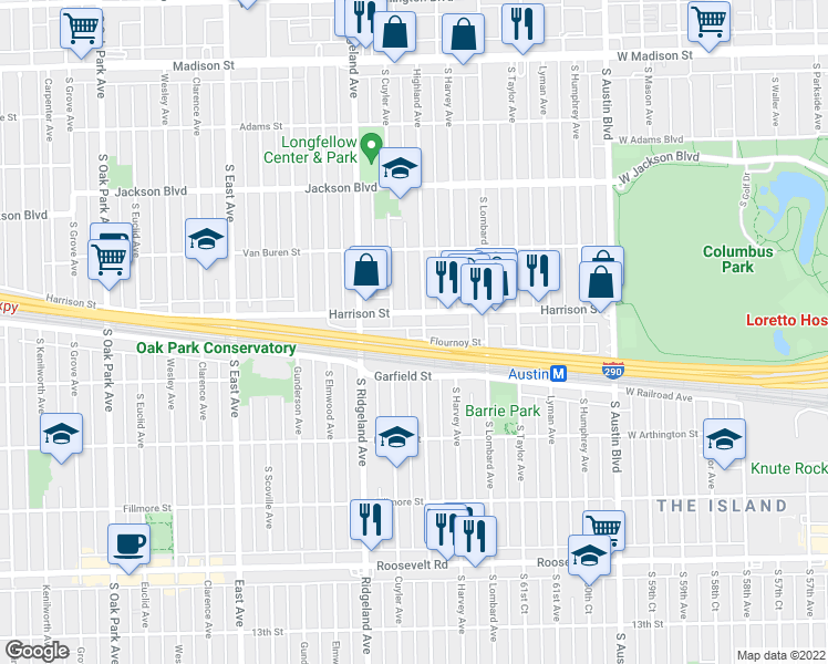 map of restaurants, bars, coffee shops, grocery stores, and more near 900 Highland Avenue in Oak Park