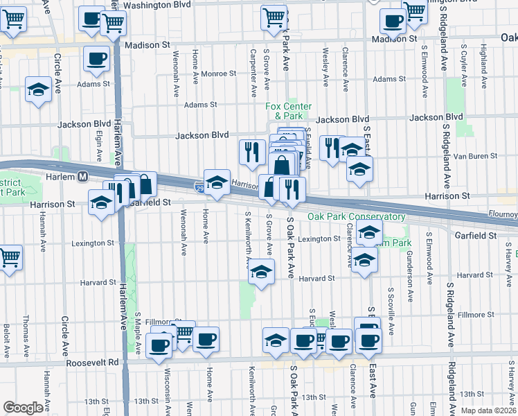 map of restaurants, bars, coffee shops, grocery stores, and more near 902 South Kenilworth Avenue in Oak Park