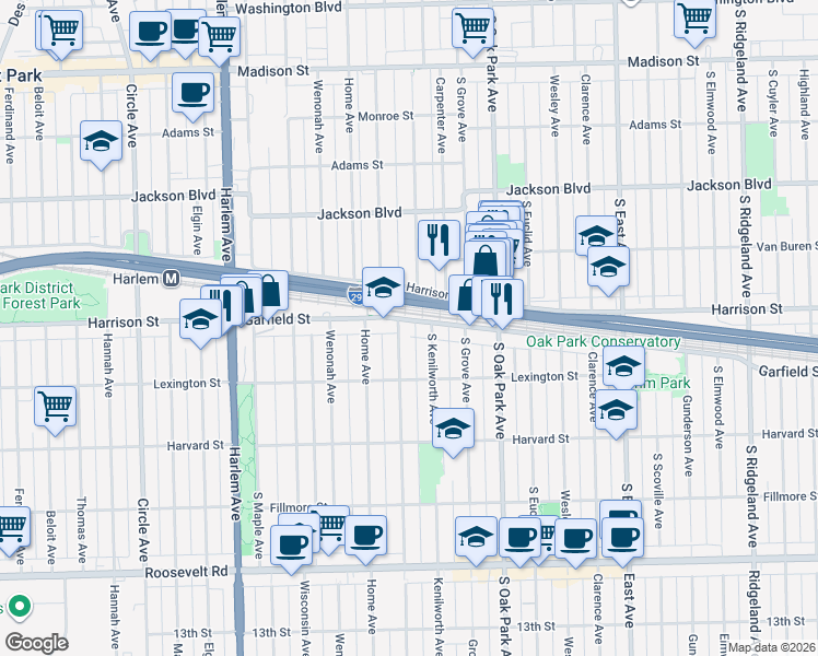 map of restaurants, bars, coffee shops, grocery stores, and more near 903 Clinton Avenue in Oak Park