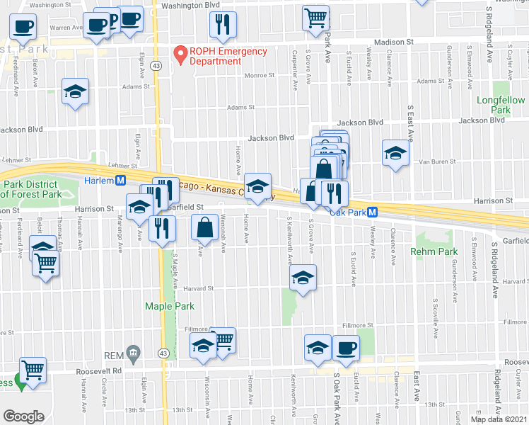 map of restaurants, bars, coffee shops, grocery stores, and more near 903 Clinton Avenue in Oak Park