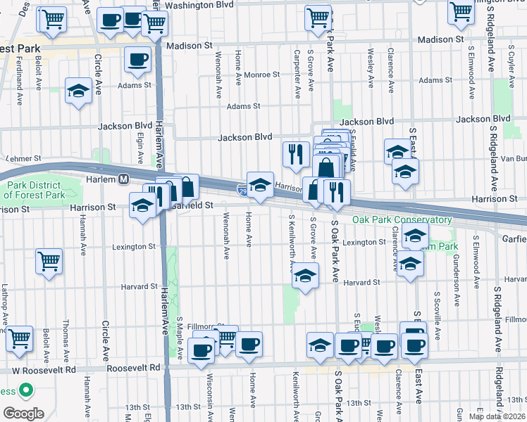map of restaurants, bars, coffee shops, grocery stores, and more near 903 Clinton Avenue in Oak Park